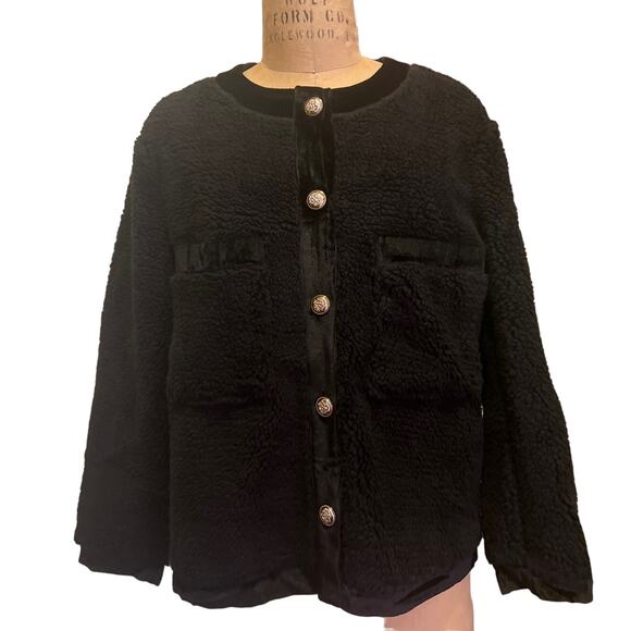 Women’s Black Fuzzy Faux Fur Velvet Trim Button Down Cardigan Sweater Size M - Picture 1 of 10